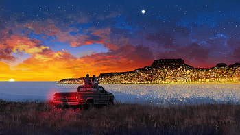 Couple Sitting On Roof Of Pickup Truck Making Memories Overlooking City, couple, rooftop, truck, city, artist, artwork, art, digital-art, ai, deviantart HD wallpaper