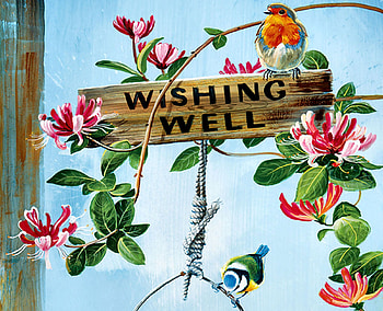 Wishing Well Birds F, animal, bird, art, beautiful, illustration, avian, artwork, wide screen, wildlife, painting, nature HD wallpaper