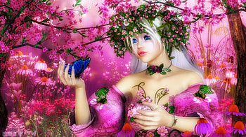 Allison, elven, girl, spring, elf, beauty, summer, pink, lady, butterfly, flower, dreamy, lovely HD wallpaper