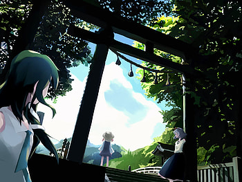 so peaceful~, pyonta, purple hair, long hair, shrine, panorama, yasaka kanako, kochiya sanae, touhou, moriya suwako, green hair, nature, sky, blonde hair, hat HD wallpaper