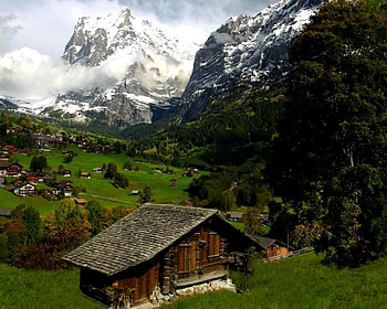 Grindelwald Village, pastures, fog, switzerland, houses, mountains, village, grindelwald HD wallpaper