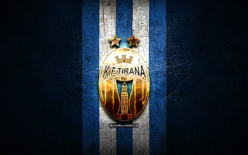 KF Tirana, golden logo, Kategoria Superiore, blue metal background, football, Albanian football club, KF Tirana logo, soccer, Tirana FC HD wallpaper