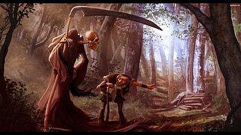 CHEATING DEATH, scythe, troll, fantasy, art, skeleton, trees, , grim reaper HD wallpaper