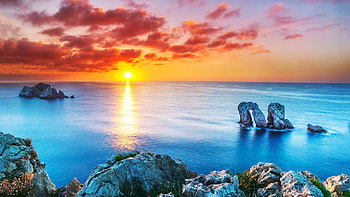 Sunset at the Bay of Biscay, Spain, sky, sun, rocks, sea, clouds, colors HD wallpaper