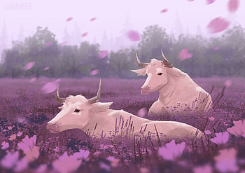 Cows, fiels, cow, animal, pink, art, fantasy, elena berezina, petals, flowers HD wallpaper