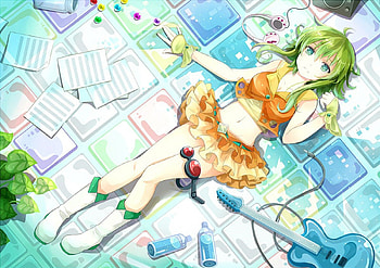 cute gumi chan, anime girl, gumi megpoid, short hair, green hair, pretty girl, vocaloid HD wallpaper