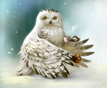 Good Morning!, winter, wings, white, snowy, art, bird, morning, owl, cup, fantasy, svetlana lazogreeva, iarna, bufnita, coffee, pasari HD wallpaper