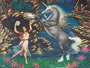 dancing unicorn, unicorn, girl, flowers, water HD wallpaper