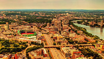 panorama view of boston prudential observatory, stadium, highways, city, view, panorama HD wallpaper
