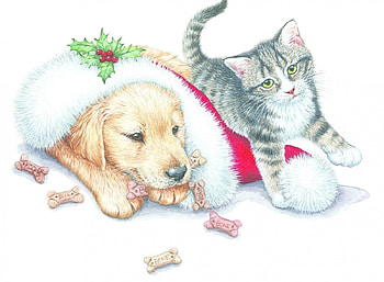 Chistmas Pets, artwork, kitten, puppy, christmas, gifts, pencil HD wallpaper