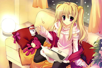I'm working, sexy, mitha, cute, kawai, girl, anime girl, anime, twintails, cool, laptop, blonde hair, drink HD wallpaper