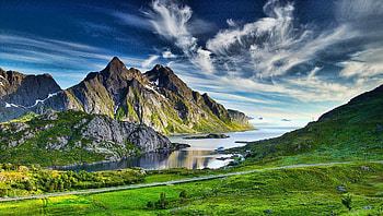 view of a beautiful sea cove r, sea, cove, meadow, road, r, grass, mountains HD wallpaper
