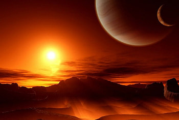 Burning world, planet, moon, terrain, red, suns HD wallpaper