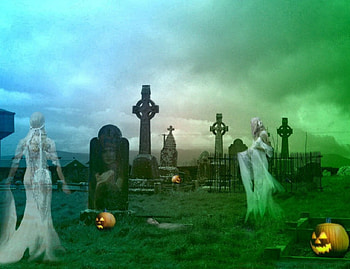 All Hallows Eve, ghosts, cemetery, tombstones, pumpkins, buildings, jack o lanterns, fence, Halloween, clouds, graveyard HD wallpaper
