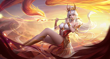 Phoenix, phienix, girl, pasari, orange, fire, xiaoyuan xiao, flute, bird, burd, instrument, fantasy HD wallpaper