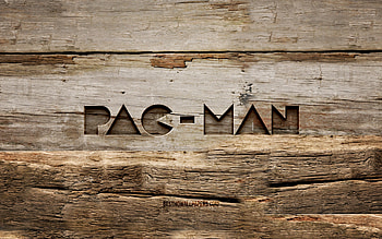 Pac-Man wooden logo, , wooden backgrounds, games brands, Pac-Man logo, creative, wood carving, Pac-Man HD wallpaper