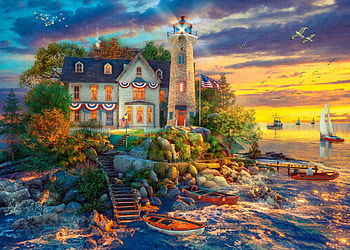 Rock Island Lighthouse, art, painting, dominic davison, pictura, water, sunset, sea, lighthouse, summer, yellow, vara HD wallpaper