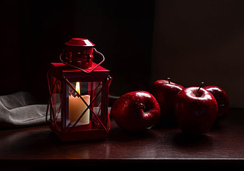 Still life, apples, candle, apple, lantern HD wallpaper