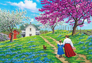 Along The Way, painting, blossoms, house, path, trees, girl, spring, woman, flowers HD wallpaper