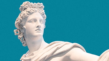 A detailed renaissance-style marble sculpture of Apollo against a vibrant blue background, showcasing classical art. HD wallpaper