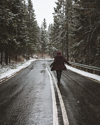 Nature, Trees, Snow, Silhouette, Road, Turn, Wet, Asphalt HD phone wallpaper