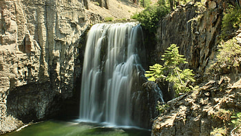 Rainbow Falls, California, river, cascades, rocks, cliff, usa, tree HD wallpaper