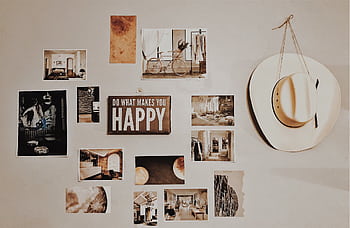 Gallery wall with , art, and an inspirational sign, featuring a cowboy hat. HD wallpaper