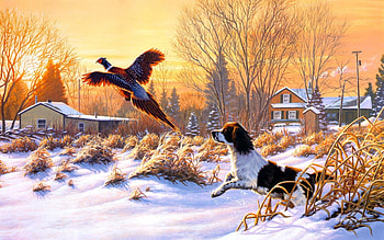 Art, painting, bird, snow, Dog HD wallpaper