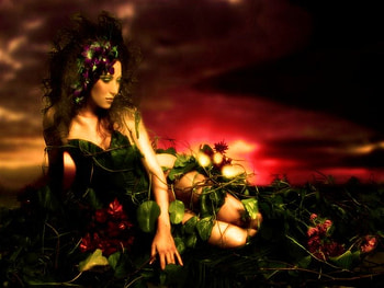 RUBY SKY BEAUTIFUL.., ruby sky, woman, green, red, waiting, nature, flowers, leafs, watching HD wallpaper