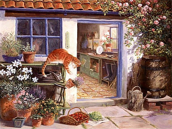 Bernard Willington - Gardeners World, kitten, bernard willington, door, at, painting, garden, cat, gardeners world HD wallpaper
