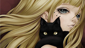 Anime and Kitty, kitten, kitty, anime, Japanese, cat, girl, Firefox Persona theme, big eyes HD wallpaper