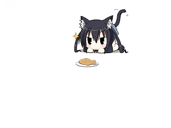 Neko vs Fish, plain, nekomimi, white, neko mimi, cute, girl, food, anime girl, kawaii, simple, neko, anime, fish, female HD wallpaper