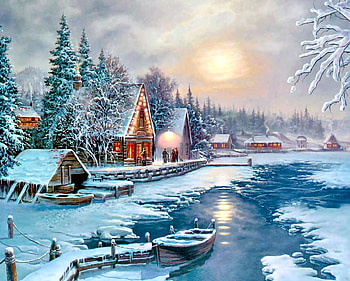 Moonlit Lake F1C, winter, art, landscape, beautiful, four seasons, illustration, lake, artwork, scenery, wide screen, moonlight, painting, snow, water HD wallpaper