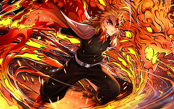 Kyojuro Rengoku, fire flames, Demon Hunter, battle, artwork, Rengoku Kyojuro, Kimetsu no Yaiba, samurai, Kyojuro Rengoku Demon Slayer, manga, Demon Slayer HD wallpaper