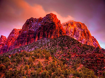 Red mountain on red sky background, gorgeous, high, mountain, background, red, clouds, trees, nature, sky, peak, hill HD wallpaper