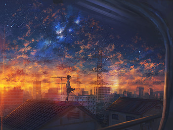 Anime, Original, City, Shooting Star, Starry Sky, Sunset HD wallpaper