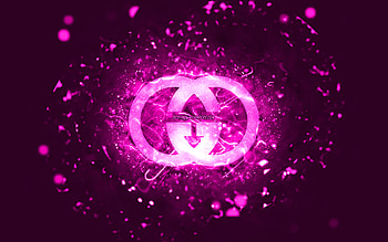 Gucci purple logo, , purple neon lights, creative, purple abstract background, Gucci logo, brands, Gucci HD wallpaper