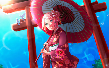 Haruno Sakura, pink umbrella, Naruto characters, protagonist, Naruto, manga, kimono, Haruno Sakura Naruto HD wallpaper