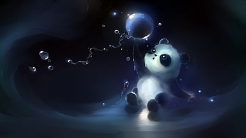 Panda, blue, black, fantasy, art, apofiss, bubble, dark HD wallpaper