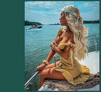 ANDREANE CHAMBERLAND, WATER, JEWELRY, YELLOW MUSTARD COLOURED DRESS, PLATINUM BLONDE, BOAT HD wallpaper