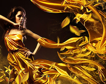 Dancing in golden dress, golden, leaves, dance, face, miracle, girl, dress HD wallpaper