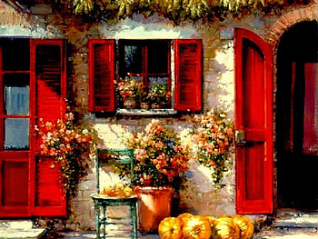 garden fall decoration, pumpkins, decoration, painting, house, garden, red door, nature, fall season HD wallpaper