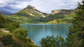 Roselend Lake, Savoie, French Alps, trees, landscape, sky, mountains, clouds HD wallpaper