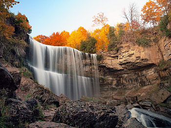 Waterfall, trees, autumn, sky, nature HD wallpaper