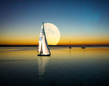 Moon, sailing boat, sea, sunset HD wallpaper