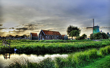 Nature, Houses, Rivers, Grass, Village, Farm, Mill, Buildings HD wallpaper