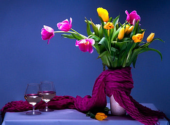 Still life, colorful, bouquet, vase, beautiful, tulips, nice, delicate, pretty, flowers, lovely, wine HD wallpaper