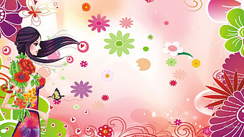 Pretty Lady Floral, colorful, art, floral, girl, long hair, woman, summer, wind, lady, breeze, blowing, bright, flowers HD wallpaper