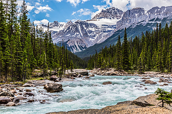 Mistaya River, Alberta, Canada, trees, clouds, sky, mountains, rocks HD wallpaper