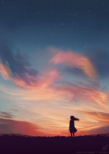 Sunset, Sky, Art, Silhouette, Field, Evening, Loneliness HD phone wallpaper